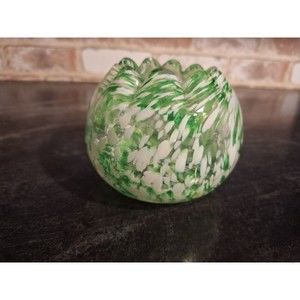 Spatter Glass Hand Blown Green And White Bowl Pinched/Crimped/Ruffled Rim 4"Tall